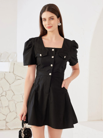 Schwarzes Skaterkleid mit quadratischem Ausschnitt kurzärmligem Plissee-Minikleid für Damen 2025