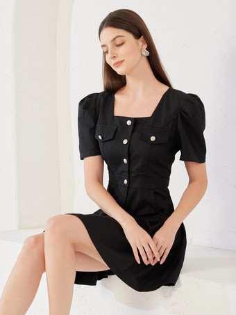 Schwarzes Skaterkleid mit quadratischem Ausschnitt kurzärmligem Plissee-Minikleid für Damen 2025