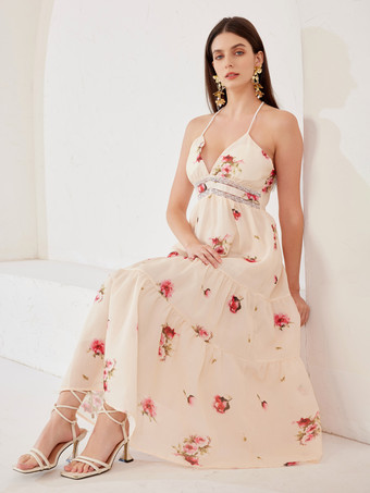 レースステッチ入り花柄ドレス Vネック ノースリーブ 夏用ロングドレス レディース 2025