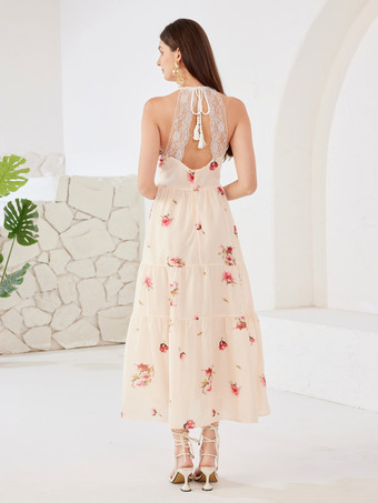 レースステッチ入り花柄ドレス Vネック ノースリーブ 夏用ロングドレス レディース 2025