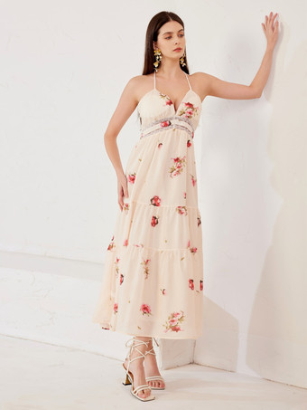 レースステッチ入り花柄ドレス Vネック ノースリーブ 夏用ロングドレス レディース 2025