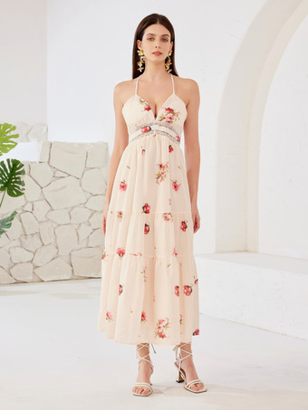 レースステッチ入り花柄ドレス Vネック ノースリーブ 夏用ロングドレス レディース 2025