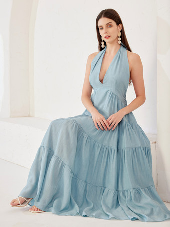 Halter Neck Boho Dress Summer Beach Layered A-line Long Dress For Women 2025