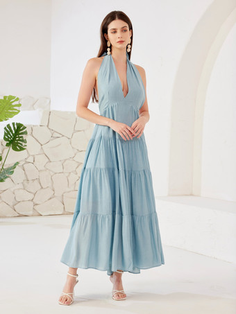 Halter Neck Boho Dress Summer Beach Layered A-line Long Dress For Women 2025