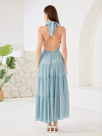 Halter Neck Boho Dress Summer Beach Layered A-line Long Dress For Women 2025