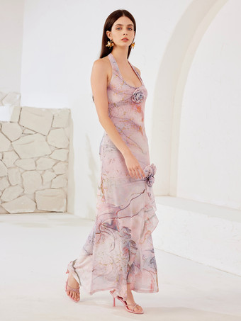 Neckholder-Bodycon-langes Kleid mit 3D-Blumen hochgeschlitztem bedrucktem Partykleid für Damen 2025