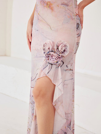 Neckholder-Bodycon-langes Kleid mit 3D-Blumen hochgeschlitztem bedrucktem Partykleid für Damen 2025