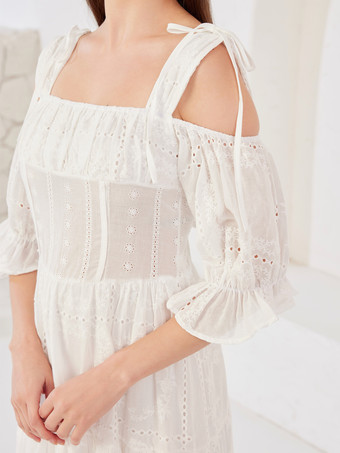 ホワイト ボヘミアン ドレス コールドショルダー ハーフスリーブ サマー ロングドレス レディース 2026