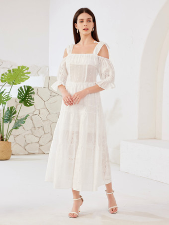 ホワイト ボヘミアン ドレス コールドショルダー ハーフスリーブ サマー ロングドレス レディース 2026