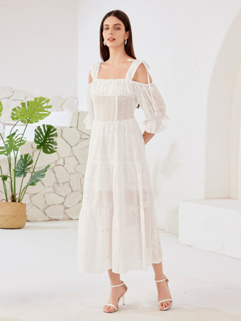 ホワイト ボヘミアン ドレス コールドショルダー ハーフスリーブ サマー ロングドレス レディース 2026