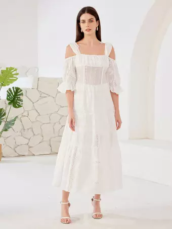 white cold shoulder beach dress Cold-Shoulder Split Surplice Maxi Beach Dress