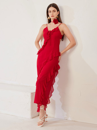 レッド 赤いスリップドレス、花のチョーカー、フリル、Vネック、夏用ボディコンロングドレス、女性用 2026