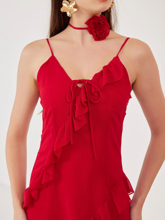 赤いスリップドレス、花のチョーカー、フリル、Vネック、夏用ボディコンロングドレス、女性用 2026