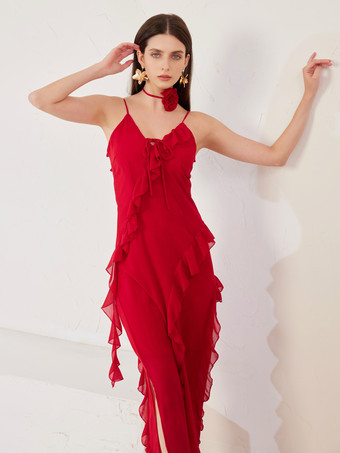 赤いスリップドレス、花のチョーカー、フリル、Vネック、夏用ボディコンロングドレス、女性用 2026