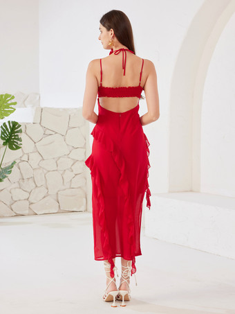 赤いスリップドレス、花のチョーカー、フリル、Vネック、夏用ボディコンロングドレス、女性用 2026