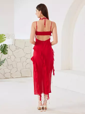 knee length dresses for ladies Red Choker Neck Midi Dress – AX Paris