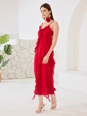 赤いスリップドレス、花のチョーカー、フリル、Vネック、夏用ボディコンロングドレス、女性用 2026