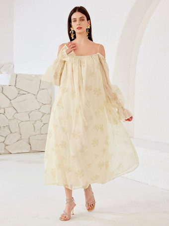 Aprikose  Florales Etuikleid kalte Schulter lange Ärmel langes Strandkleid für Frauen 2025