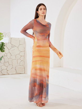 Maxikleid mit Sonnenuntergangs-Print Wasserfallausschnitt lange Ärmel elegantes langes Strandkleid für Damen 2025