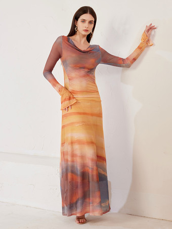 Maxikleid mit Sonnenuntergangs-Print Wasserfallausschnitt lange Ärmel elegantes langes Strandkleid für Damen 2025