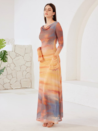 Maxikleid mit Sonnenuntergangs-Print Wasserfallausschnitt lange Ärmel elegantes langes Strandkleid für Damen 2025