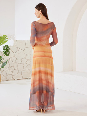 Maxikleid mit Sonnenuntergangs-Print Wasserfallausschnitt lange Ärmel elegantes langes Strandkleid für Damen 2025