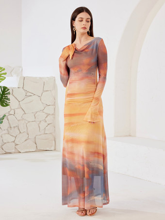 OrangeMaxikleid mit Sonnenuntergangs-Print Wasserfallausschnitt lange Ärmel elegantes langes Strandkleid für Damen 2025