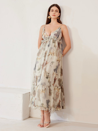 BeigeUnterkleid mit Tiermuster V-Ausschnitt Rüschen abgestuftes A-Linien-Sommerkleid für Damen 2025