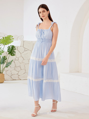 Blaues Unterkleid mit Spitzenbesatz abgestuftes A-Linien-Sommerkleid für Frauen 2025