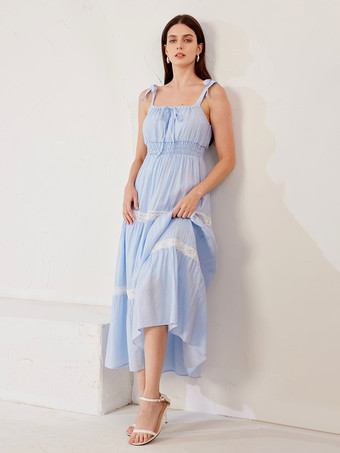 Blaues Unterkleid mit Spitzenbesatz abgestuftes A-Linien-Sommerkleid für Frauen 2025