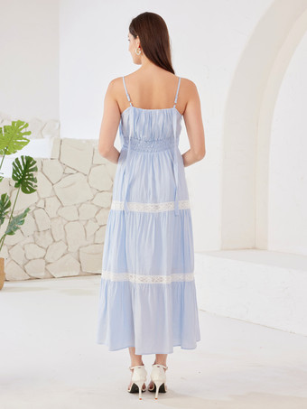 Blaues Unterkleid mit Spitzenbesatz abgestuftes A-Linien-Sommerkleid für Frauen 2025