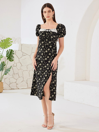 フローラルドレス スクエアカラー パフスリーブ Aライン サマーミディドレス レディース 2026