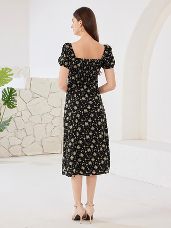 フローラルドレス スクエアカラー パフスリーブ Aライン サマーミディドレス レディース 2026