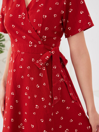 Vestido cruzado con estampado de corazones en rojo escote en V manga corta vestido midi de verano para mujer 2025