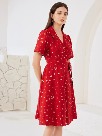Vestido cruzado con estampado de corazones en rojo escote en V manga corta vestido midi de verano para mujer 2025