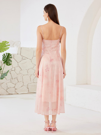 ピンクの花柄スリップドレス Aライン サマービーチミディドレス レディース 2026