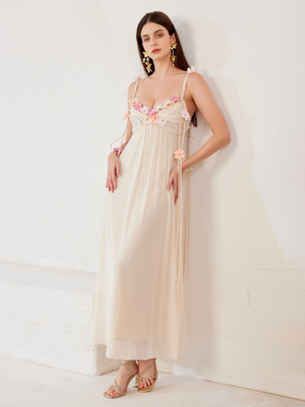 アプリコット3Dフラワー スウィートハートネックライン ビーチ Aライン ロングドレス レディース 2026 夏用スリップドレス