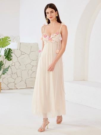 3Dフラワー スウィートハートネックライン ビーチ Aライン ロングドレス レディース 2026 夏用スリップドレス