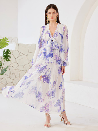 Kleid mit Blumenmuster V-Ausschnitt Laterne lange Ärmel A-Linie langes Strandkleid für Damen 2025