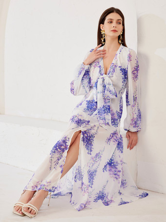 Kleid mit Blumenmuster V-Ausschnitt Laterne lange Ärmel A-Linie langes Strandkleid für Damen 2025