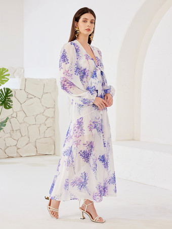 Kleid mit Blumenmuster V-Ausschnitt Laterne lange Ärmel A-Linie langes Strandkleid für Damen 2025