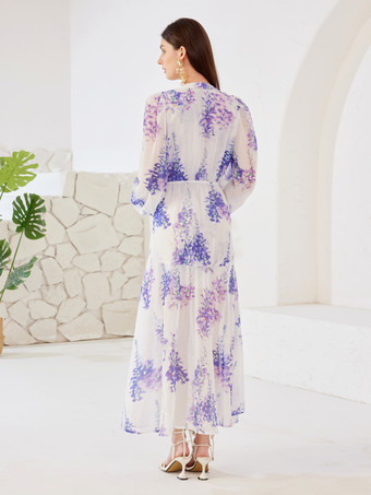 Kleid mit Blumenmuster V-Ausschnitt Laterne lange Ärmel A-Linie langes Strandkleid für Damen 2025