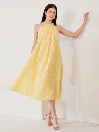 バターイエローフラワー刺繍シフトドレス ホルターネックアップリケ サマーミディドレス レディース 2026