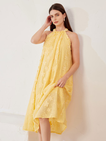 バターイエローフラワー刺繍シフトドレス ホルターネックアップリケ サマーミディドレス レディース 2026