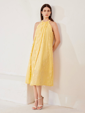 バターイエローフラワー刺繍シフトドレス ホルターネックアップリケ サマーミディドレス レディース 2026
