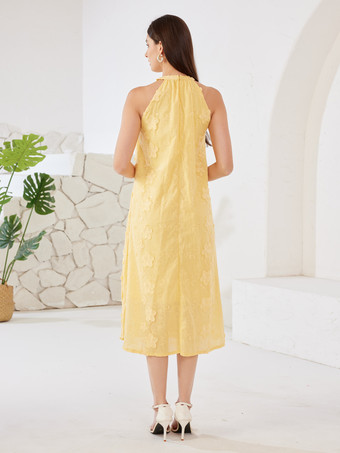 バターイエローフラワー刺繍シフトドレス ホルターネックアップリケ サマーミディドレス レディース 2026