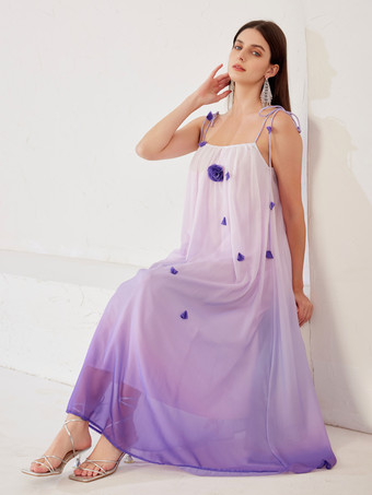 パープルグラデーションシフトドレス 3Dフラワーサマービーチロングスリップドレスレディース2026
