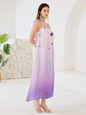パープルグラデーションシフトドレス 3Dフラワーサマービーチロングスリップドレスレディース2026