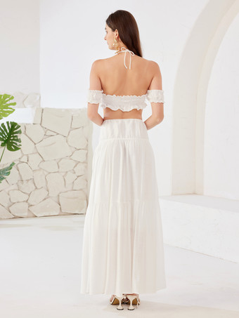 Boho Zweiteiler Set Off-Shoulder Crop Top und Lagen langer Rock Sommer Strand Outfit 2025