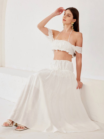 Boho Zweiteiler Set Off-Shoulder Crop Top und Lagen langer Rock Sommer Strand Outfit 2025